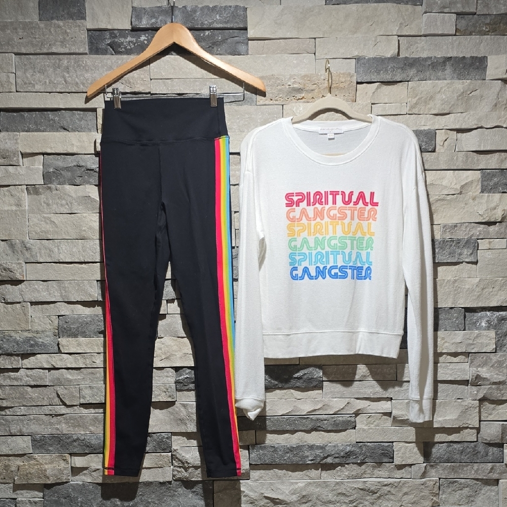 Spiritual Gangster White Top and Black Leggings with Rainbow Accents